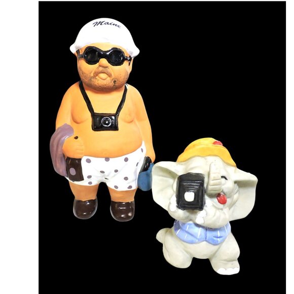 Pair Of Ceramic Figures With Cameras Man Elephant Home Decor Whimsical Maine - Picture 1 of 11